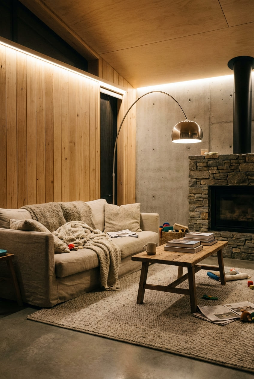 Современный интерьер гостиной с натуральными материалами и тёплым освещением