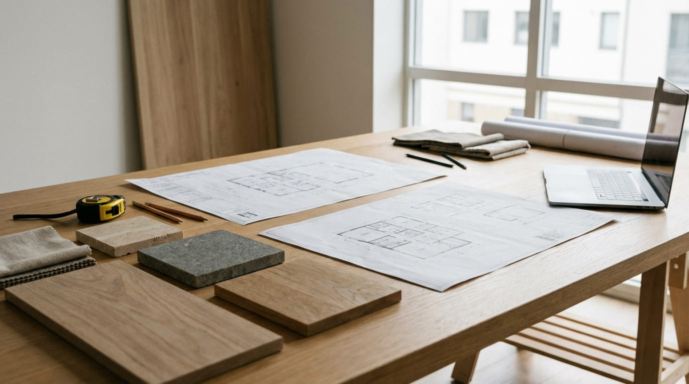 Рабочий процесс студии интерьерного дизайна с планировочными чертежами и образцами материалов