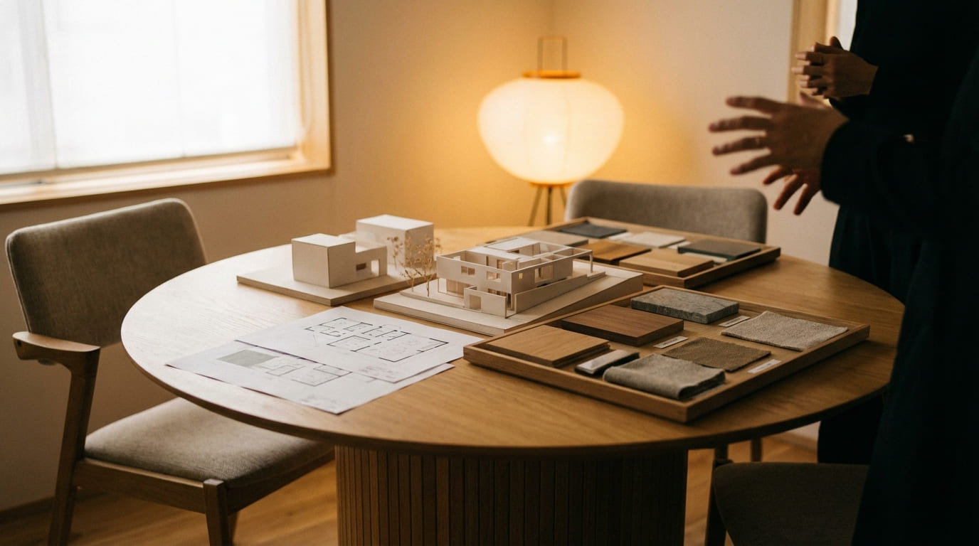 Студийное пространство для обсуждения проектов интерьерного дизайна с планировочными макетами