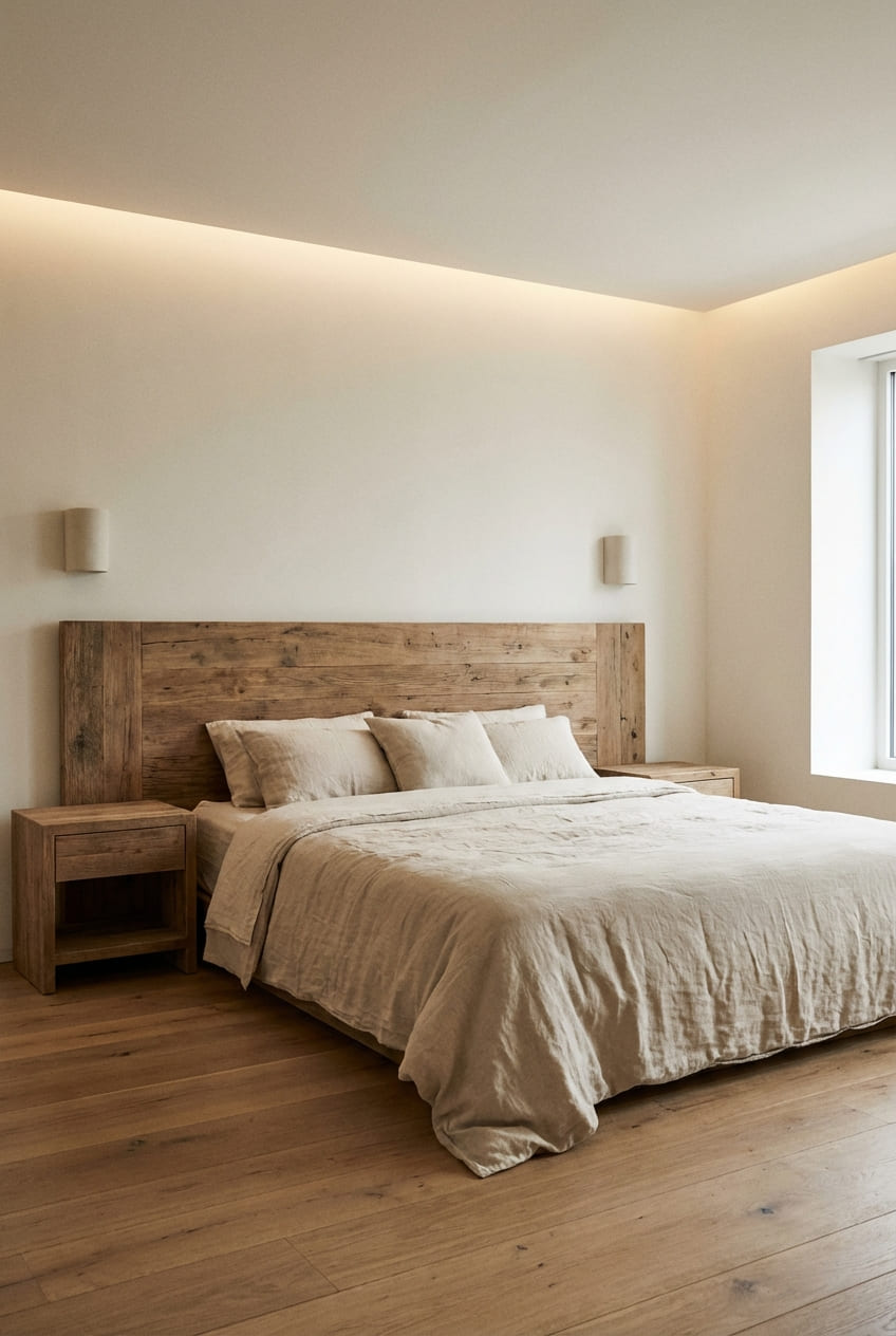 Минималистичная спальня с натуральными текстурами и приглушённым освещением