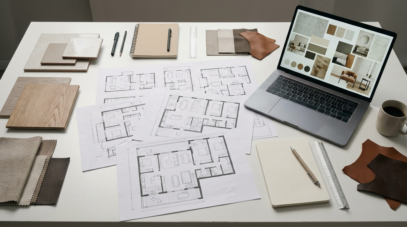 Процесс работы над проектом интерьера с образцами материалов и планировочными решениями