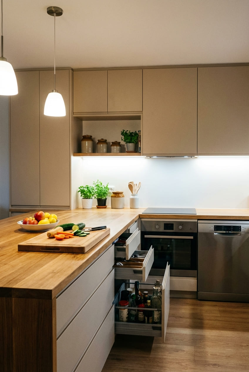 Функциональная кухня с продуманной системой хранения и рабочими зонами