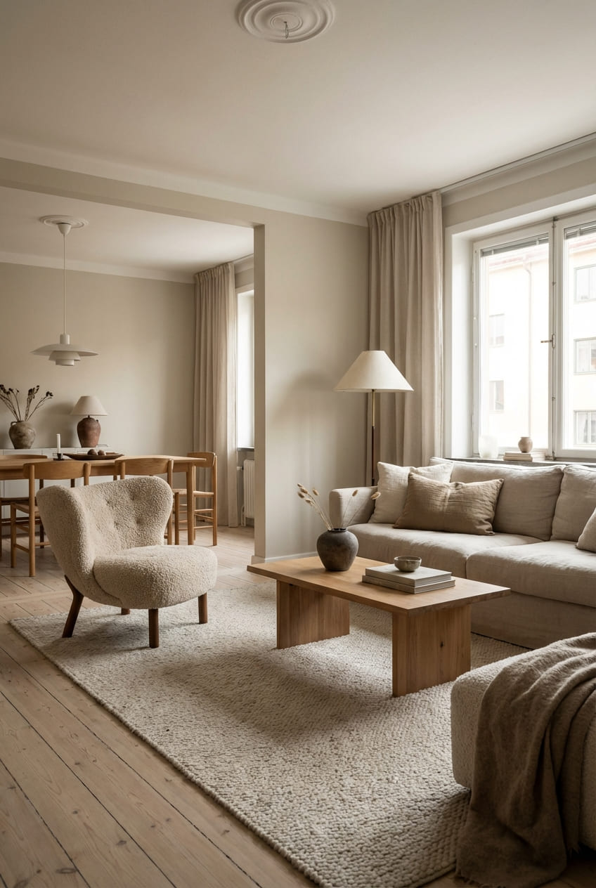 Гостиная зона с акцентом на естественные материалы и мягкое зонирование